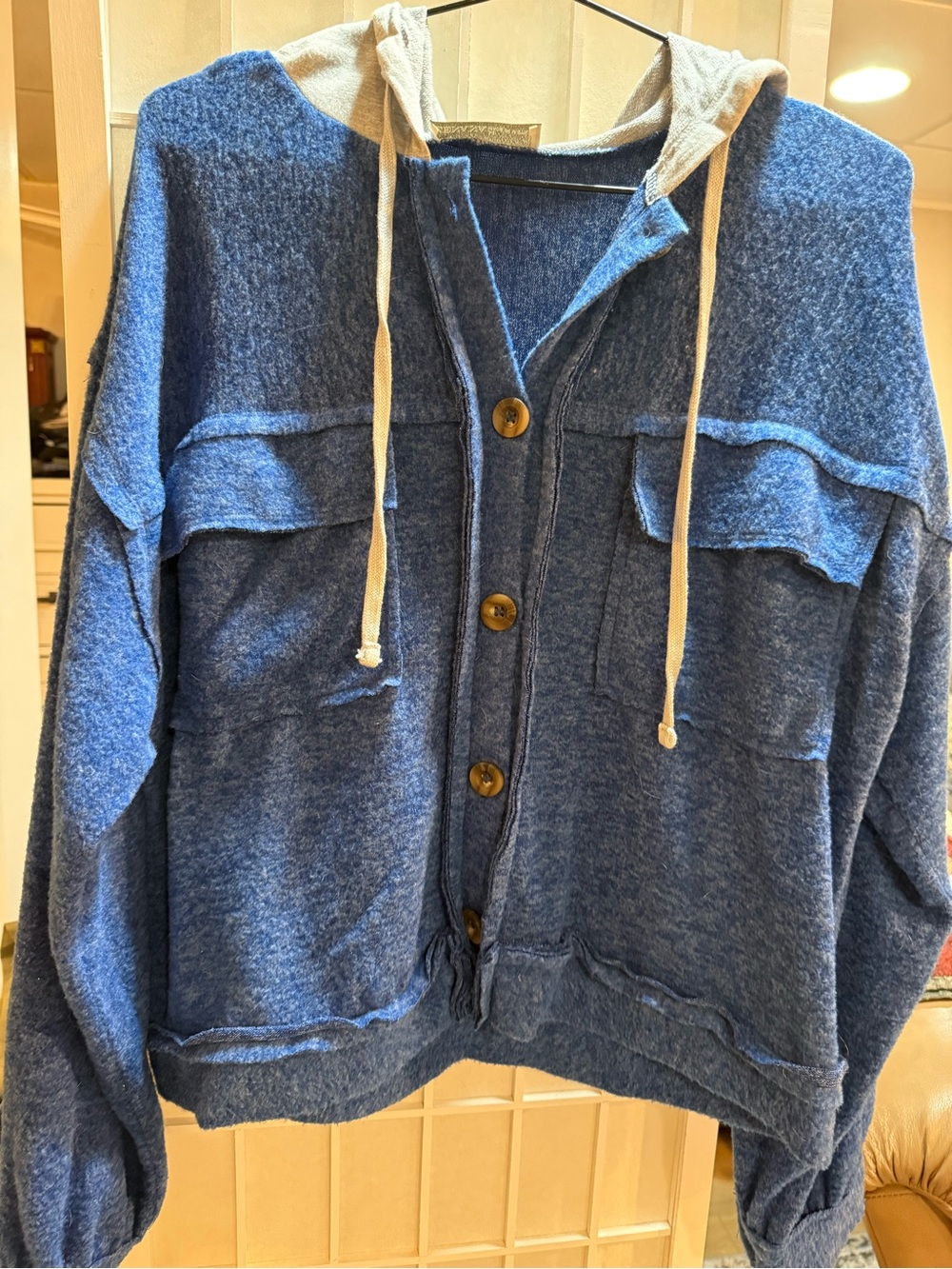 Zenana Outfitters Blue Button-Up Hoodie with Gray Hood Top or Jacket YOUR WAY! - Picture 7 of 10